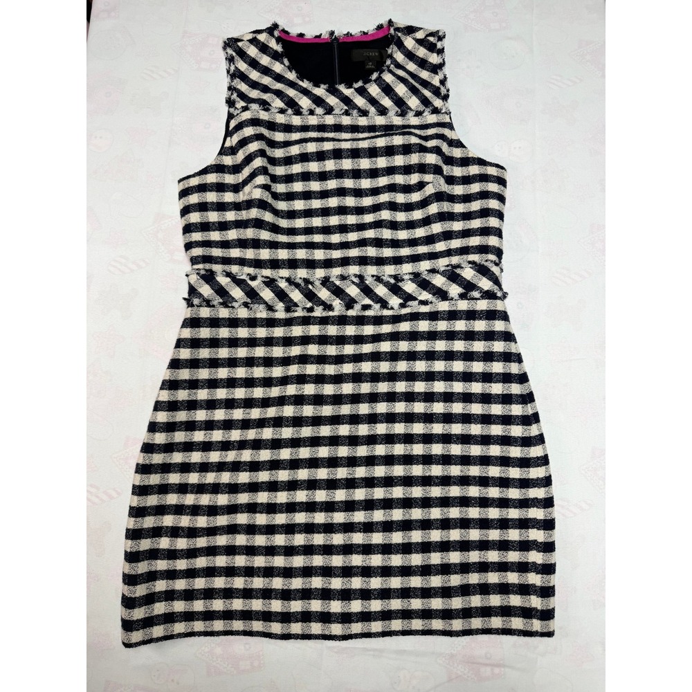 J.Crew Navy White Gingham Tweed Fringe Shift Dress Womens 12 Sleeveless Mini - Picture 2 of 7